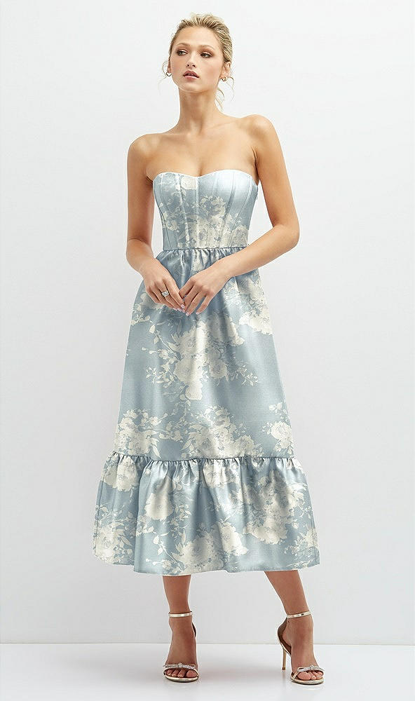 Front View - Porcelain Blue Seraphina Floral Floral Satin Strapless Midi Corset Dress with Lace-Up Back & Ruffle Hem