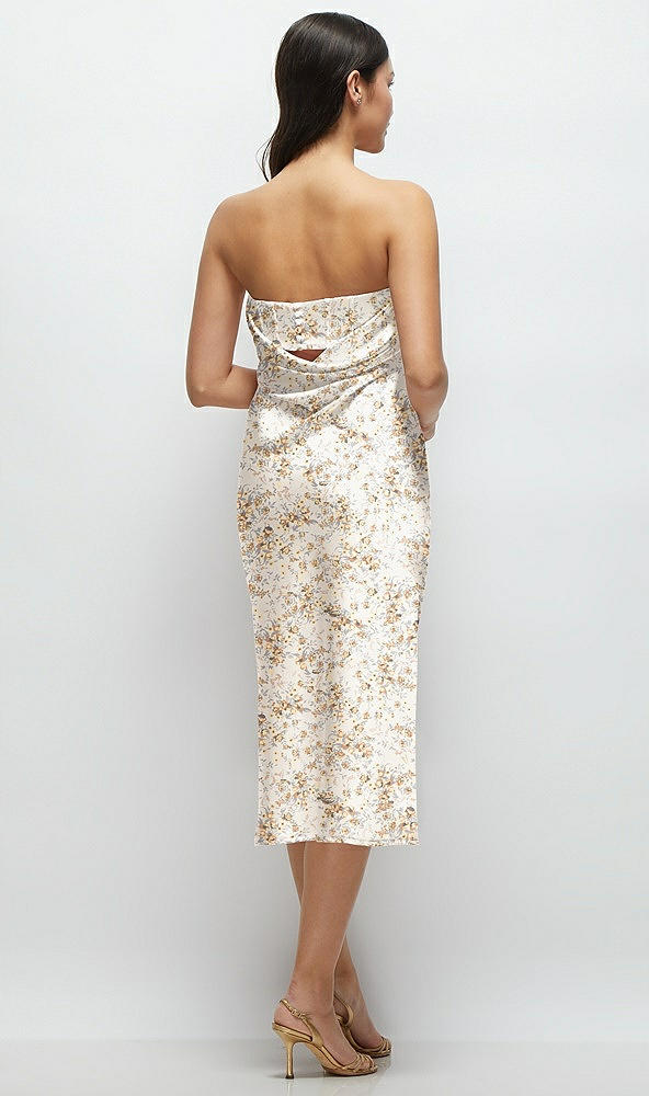 Back View - Golden Hour Floral Strapless Midi Bias Column Dress with Peek-a-Boo Corset Back