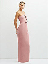 Side View Thumbnail - Rose Rhinestone Bow Trimmed Peek-a-Boo Deep-V Maxi Dress with Pencil Skirt