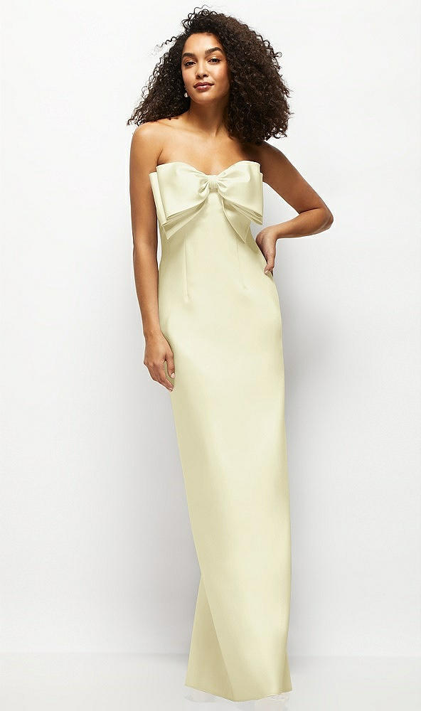Front View - Butter Yellow Strapless Satin Column Maxi Dress with Oversized Handcrafted Bow