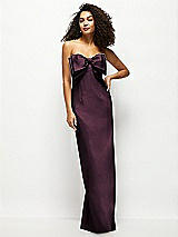 Front View Thumbnail - Deep Plum Strapless Satin Column Maxi Dress with Oversized Handcrafted Bow