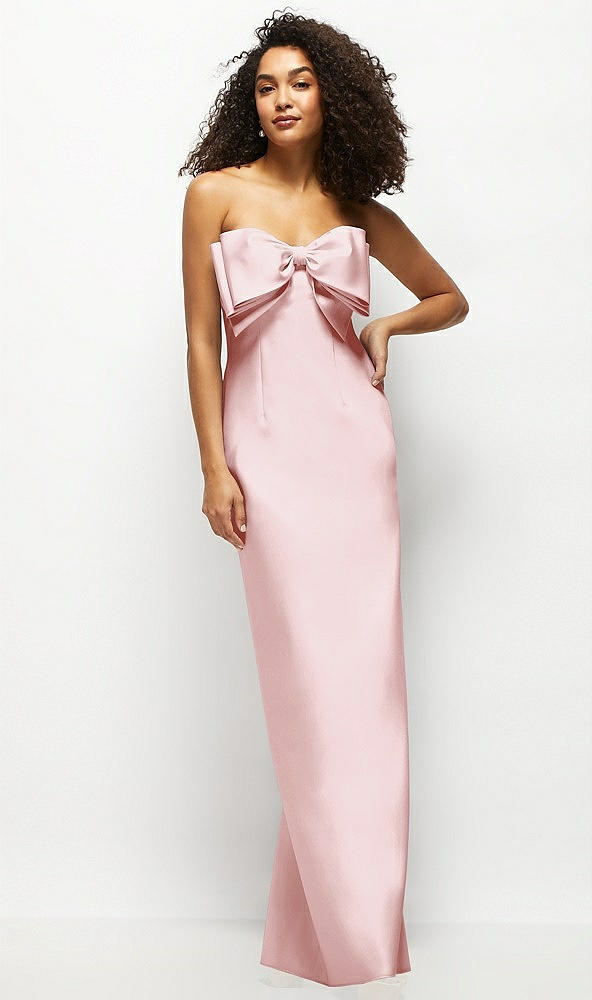 Front View - Ballet Pink Strapless Satin Column Maxi Dress with Oversized Handcrafted Bow