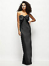 Front View Thumbnail - Black Strapless Satin Column Maxi Dress with Oversized Handcrafted Bow