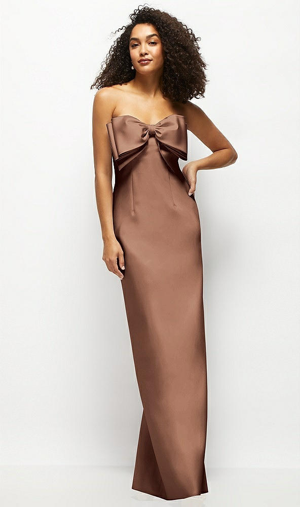 Front View - Cognac Strapless Satin Column Maxi Dress with Oversized Handcrafted Bow