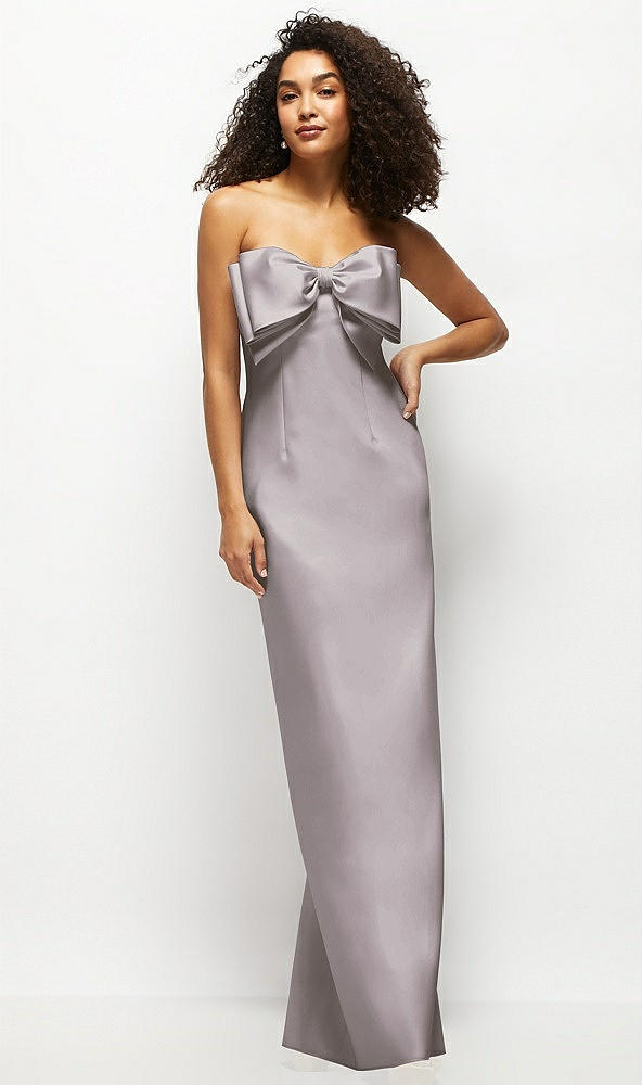 Front View - Cashmere Gray Strapless Satin Column Maxi Dress with Oversized Handcrafted Bow
