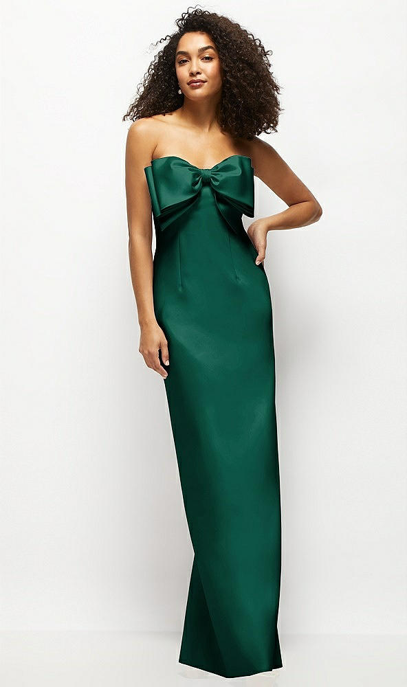 Front View - Hunter Green Strapless Satin Column Maxi Dress with Oversized Handcrafted Bow