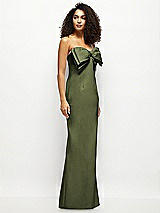 Side View Thumbnail - Olive Green Strapless Satin Column Maxi Dress with Oversized Handcrafted Bow