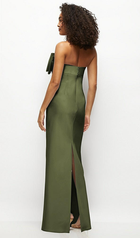 Back View - Olive Green Strapless Satin Column Maxi Dress with Oversized Handcrafted Bow