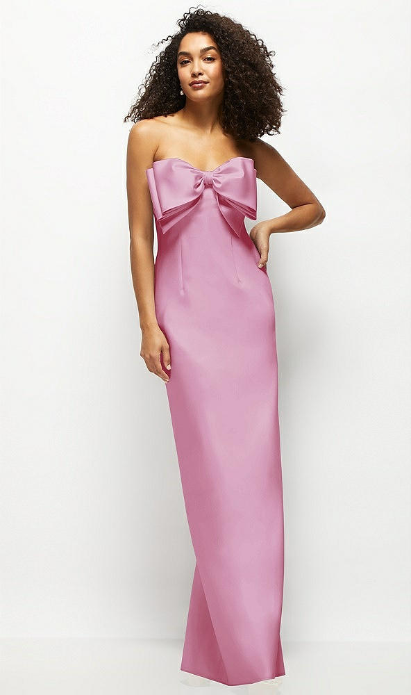 Front View - Powder Pink Strapless Satin Column Maxi Dress with Oversized Handcrafted Bow