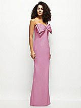 Side View Thumbnail - Powder Pink Strapless Satin Column Maxi Dress with Oversized Handcrafted Bow