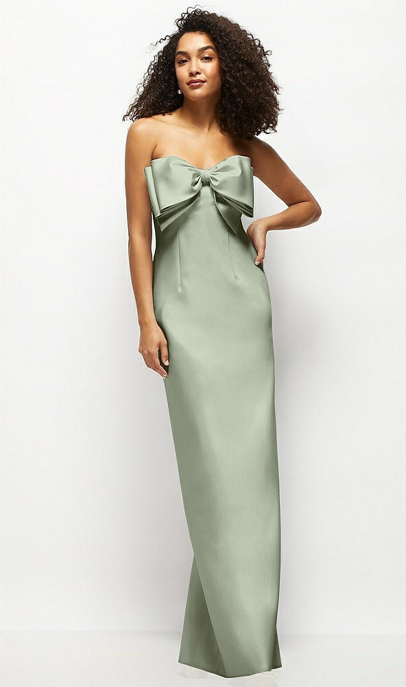 Front View - Sage Strapless Satin Column Maxi Dress with Oversized Handcrafted Bow