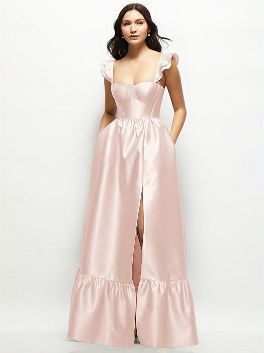 Satin Corset Maxi Dress with Ruffle Straps & Skirt