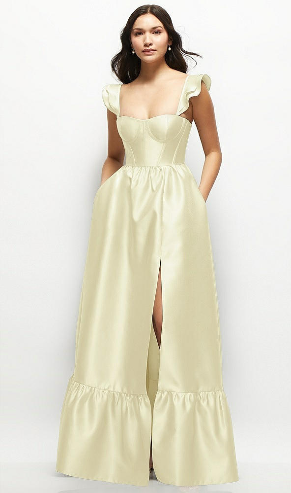 Front View - Butter Yellow Satin Corset Maxi Dress with Ruffle Straps & Skirt