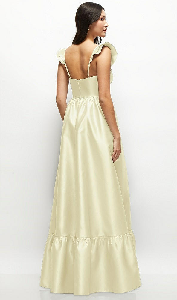 Back View - Butter Yellow Satin Corset Maxi Dress with Ruffle Straps & Skirt