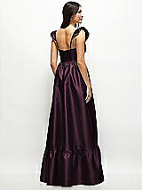 Rear View Thumbnail - Deep Plum Satin Corset Maxi Dress with Ruffle Straps & Skirt