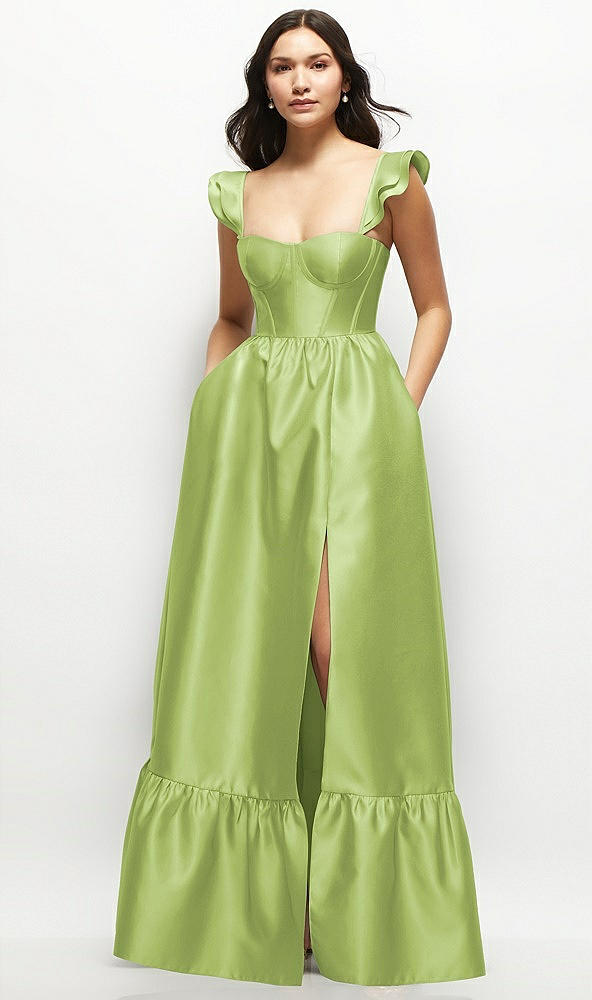 Front View - Mojito Satin Corset Maxi Dress with Ruffle Straps & Skirt