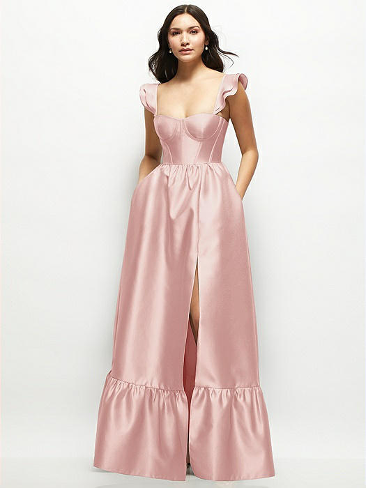 Satin Corset Maxi Dress with Ruffle Straps & Skirt