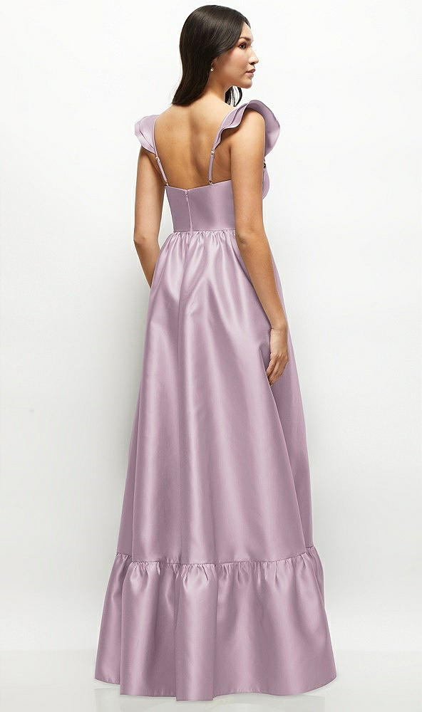 Back View - Suede Rose Satin Corset Maxi Dress with Ruffle Straps & Skirt