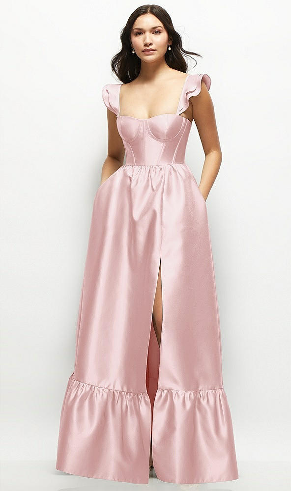 Front View - Ballet Pink Satin Corset Maxi Dress with Ruffle Straps & Skirt