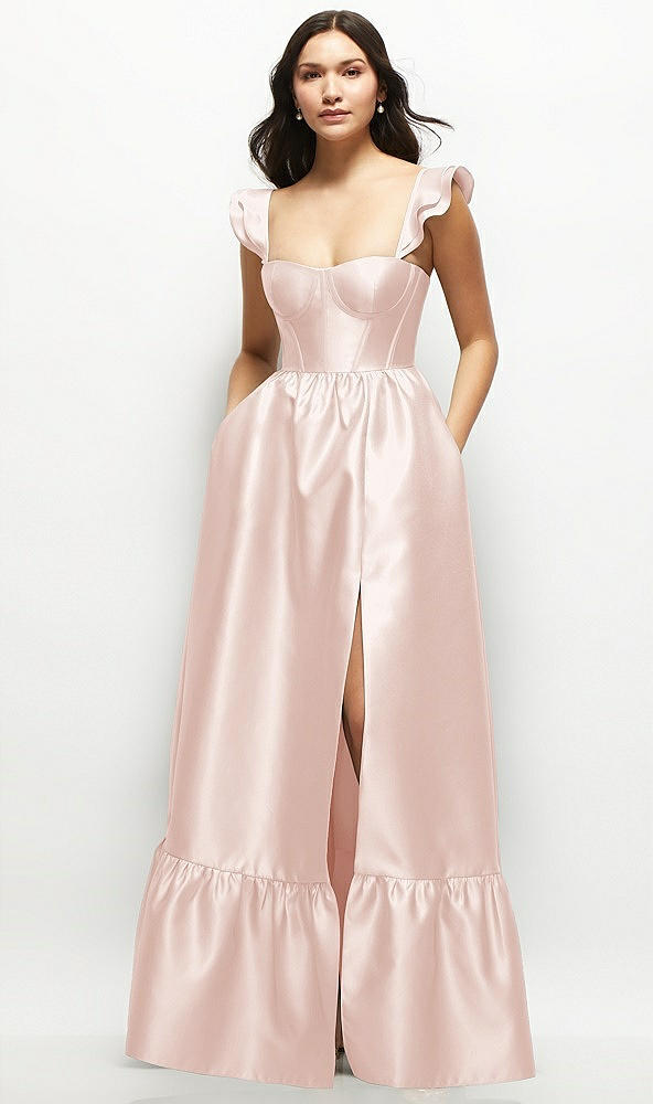 Front View - Blush Satin Corset Maxi Dress with Ruffle Straps & Skirt