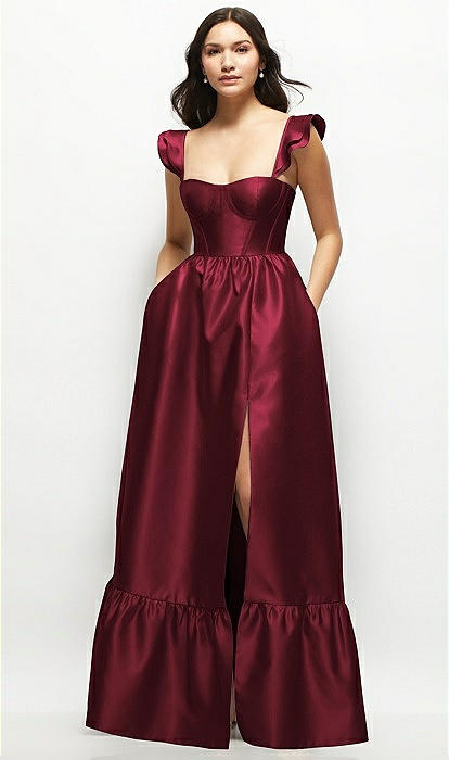 Satin Corset Maxi Bridesmaid Dress With Ruffle Straps & Skirt In