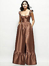 Front View Thumbnail - Cognac Satin Corset Maxi Dress with Ruffle Straps & Skirt