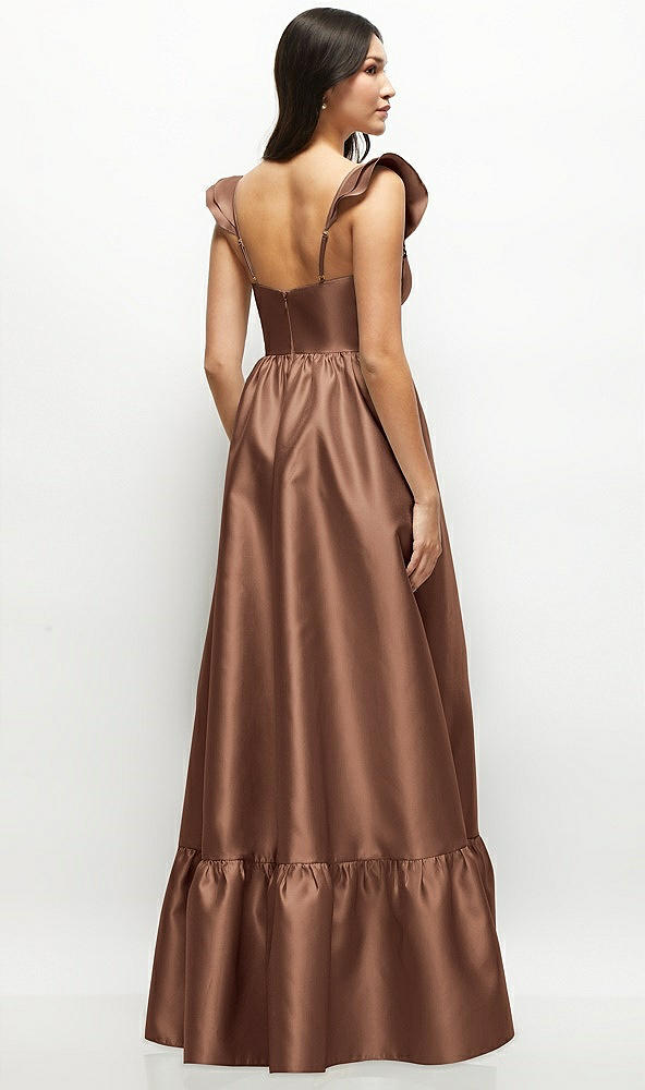 Back View - Cognac Satin Corset Maxi Dress with Ruffle Straps & Skirt