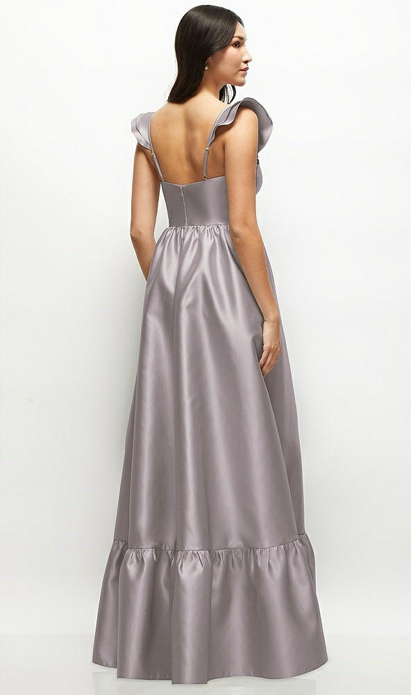 Back View - Cashmere Gray Satin Corset Maxi Dress with Ruffle Straps & Skirt