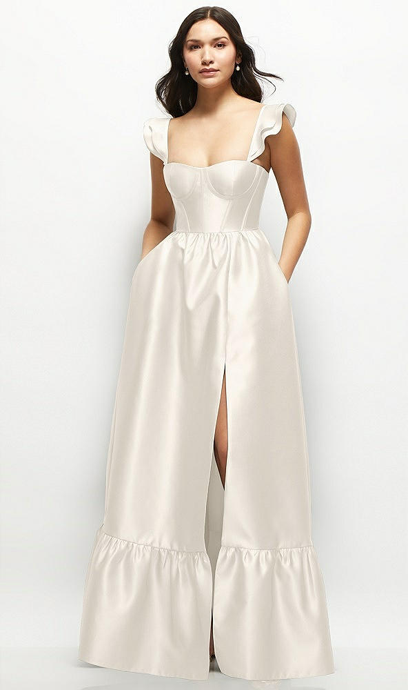 Front View - Ivory Satin Corset Maxi Dress with Ruffle Straps & Skirt