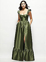 Front View Thumbnail - Olive Green Satin Corset Maxi Dress with Ruffle Straps & Skirt