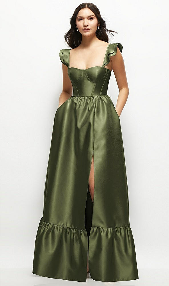 Front View - Olive Green Satin Corset Maxi Dress with Ruffle Straps & Skirt