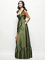 Side View Thumbnail - Olive Green Satin Corset Maxi Dress with Ruffle Straps & Skirt