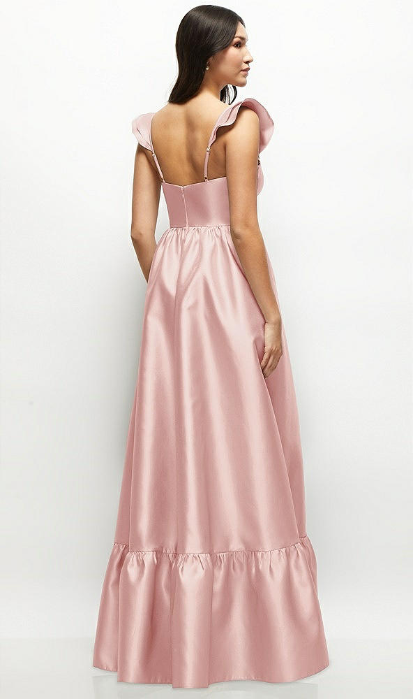 Back View - Rose Satin Corset Maxi Dress with Ruffle Straps & Skirt