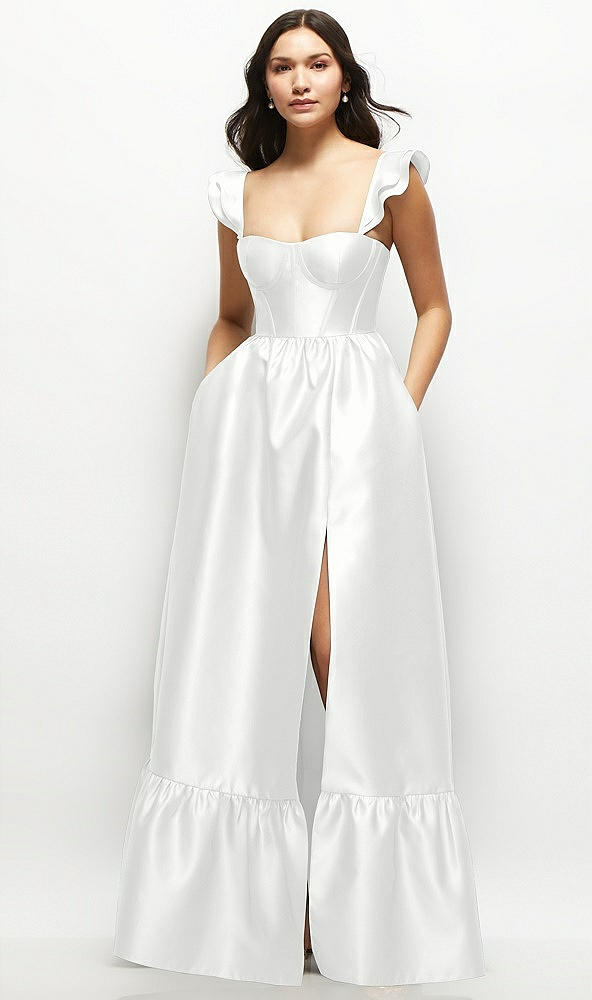 Front View - White Satin Corset Maxi Dress with Ruffle Straps & Skirt