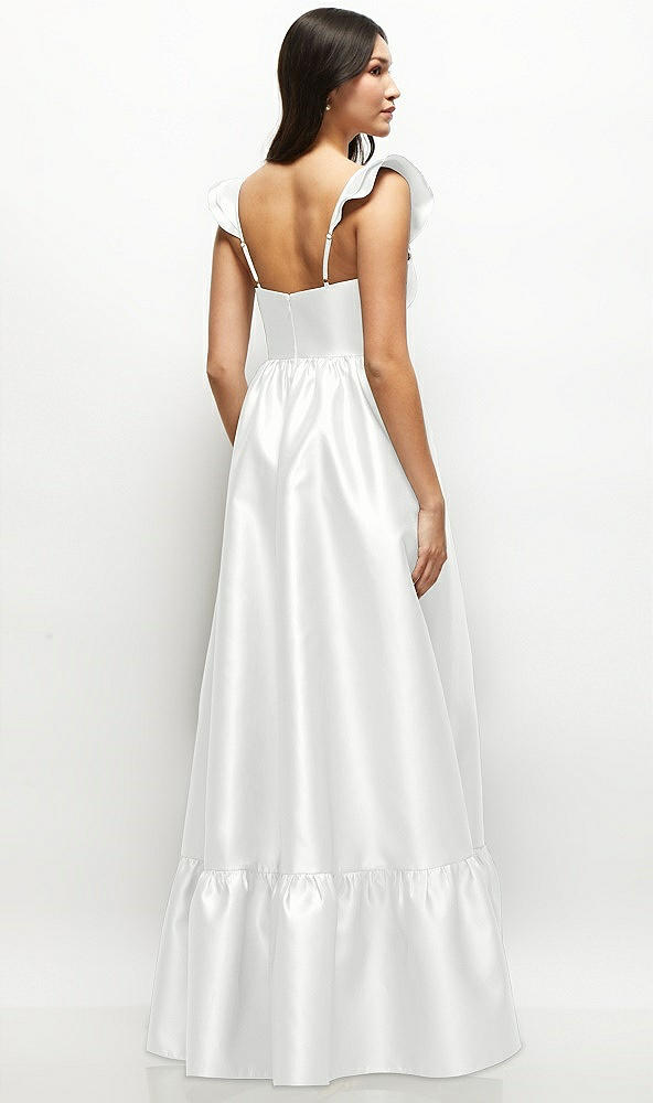 Back View - White Satin Corset Maxi Dress with Ruffle Straps & Skirt