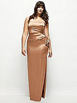 Front View Thumbnail - Toffee Strapless Draped Skirt Satin Maxi Dress with Cascade Ruffle