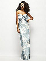 Front View Thumbnail - Porcelain Blue Seraphina Floral Strapless Floral Satin Column Maxi Dress with Oversized Bow