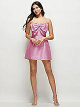 Front View Thumbnail - Powder Pink Strapless Bell Skirt Satin Mini Dress with Oversized Bow