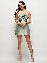 Front View Thumbnail - Sage Strapless Bell Skirt Satin Mini Dress with Oversized Bow