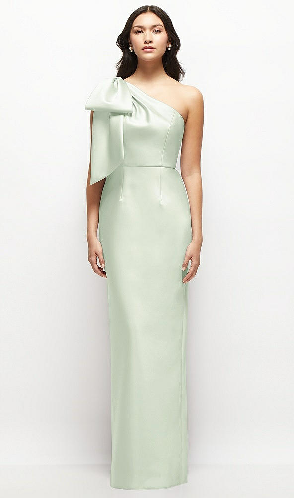 Front View - Mint Green Oversized Bow One-Shoulder Satin Column Maxi Dress