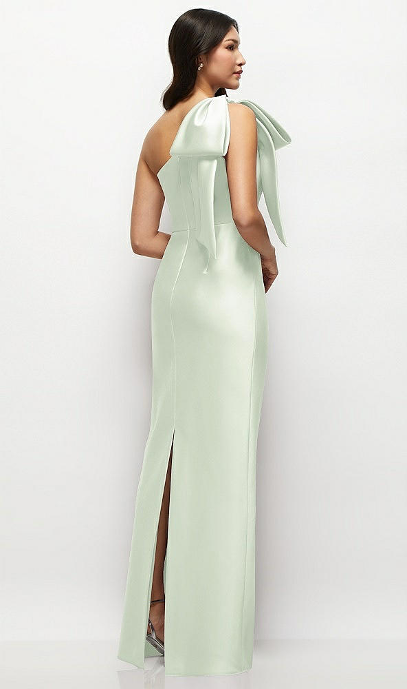 Back View - Mint Green Oversized Bow One-Shoulder Satin Column Maxi Dress