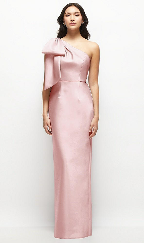 Front View - Ballet Pink Oversized Bow One-Shoulder Satin Column Maxi Dress