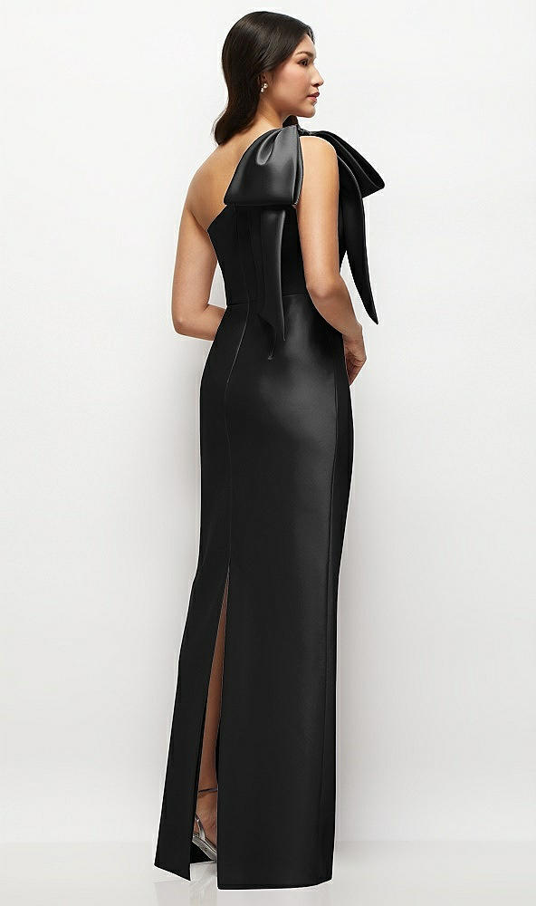 Back View - Black Oversized Bow One-Shoulder Satin Column Maxi Dress