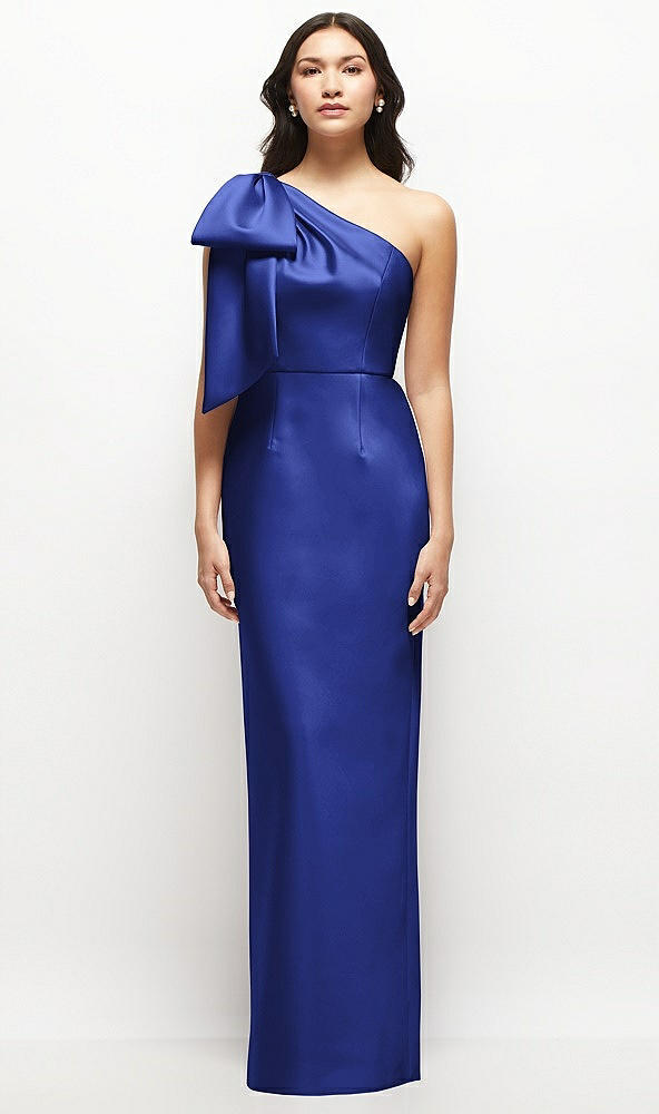 Front View - Cobalt Blue Oversized Bow One-Shoulder Satin Column Maxi Dress