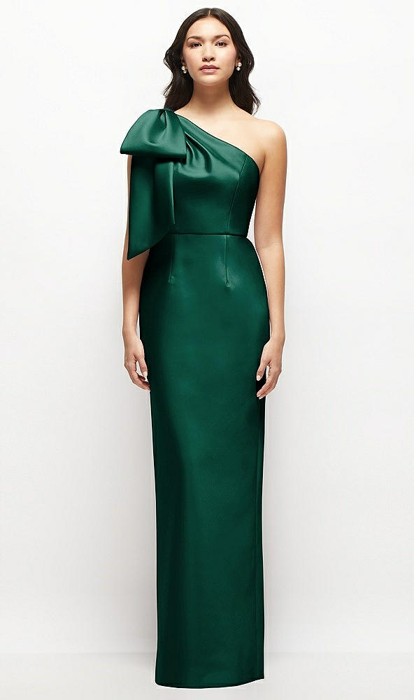 Front View - Hunter Green Oversized Bow One-Shoulder Satin Column Maxi Dress