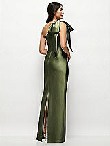 Rear View Thumbnail - Olive Green Oversized Bow One-Shoulder Satin Column Maxi Dress