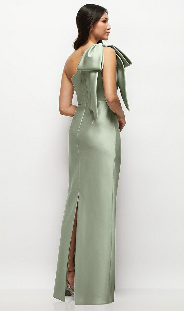 Back View - Sage Oversized Bow One-Shoulder Satin Column Maxi Dress