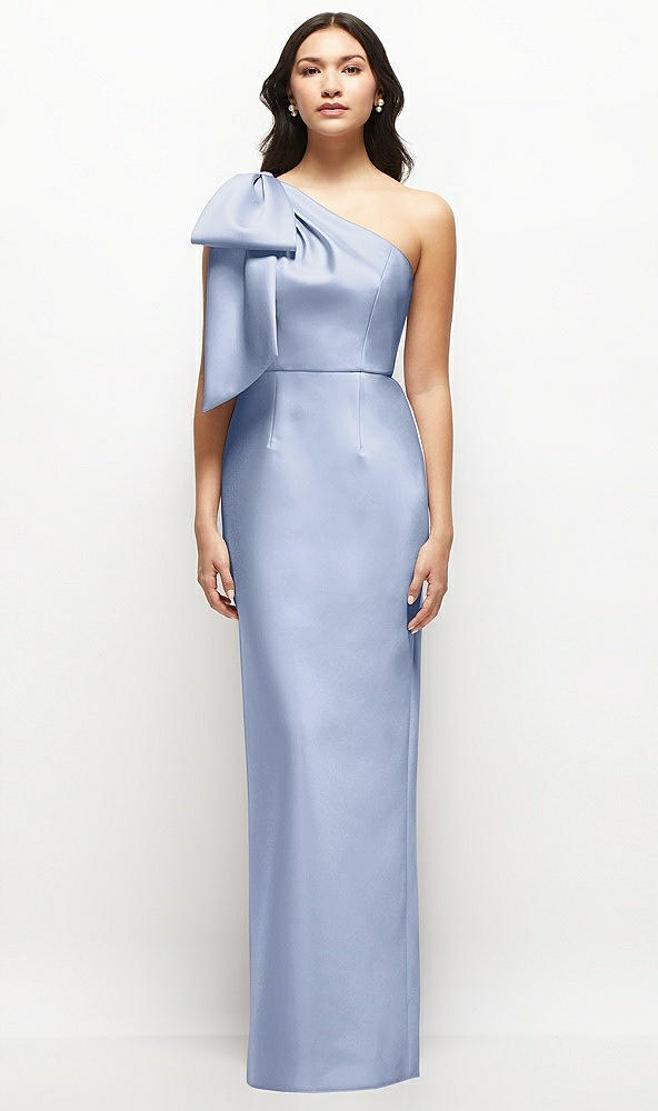 Front View - Sky Blue Oversized Bow One-Shoulder Satin Column Maxi Dress