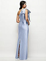 Rear View Thumbnail - Sky Blue Oversized Bow One-Shoulder Satin Column Maxi Dress