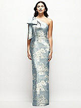 Front View Thumbnail - Porcelain Blue Seraphina Floral Oversized Bow One-Shoulder Floral Satin Column Maxi Dress